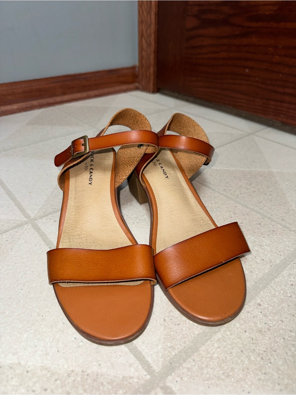 Rock & Candy Cognac Brown Ankle-Strap Sandals